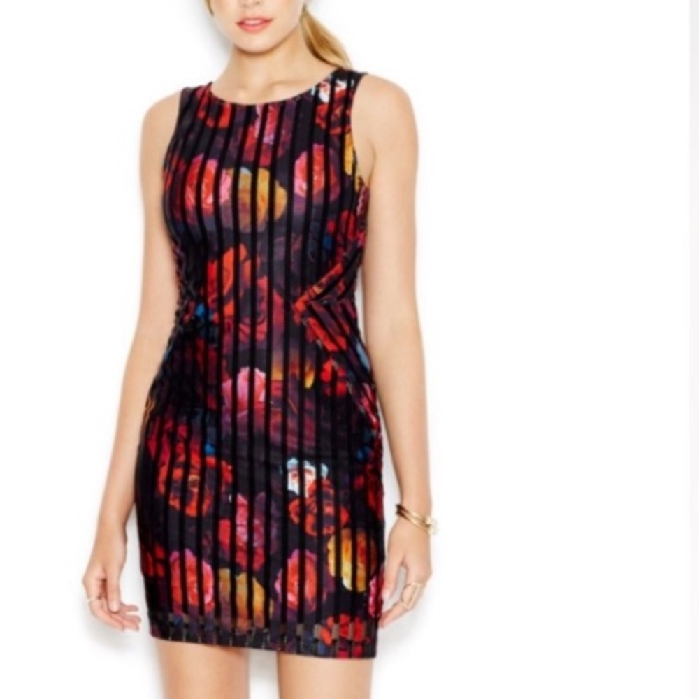 Guess Spanish Rose Jet Black Red Floral Stripe Stretch Fitted Dress Sz. XL